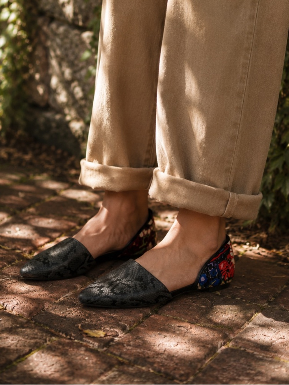 FREE PEOPLE Rajah D'Orsay Reptile Print Leather and Textile Boho Flats, 37